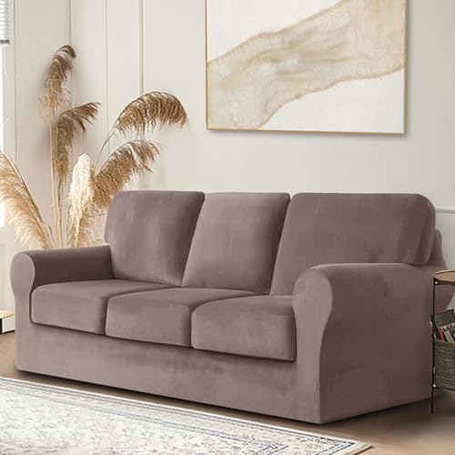 XSlive 7 Pieces Velvet High Stretch Sofa Covers for 3 Cushion Couch Sofa Slipcovers, Washable Furniture Protector with Drawstring Anti Slip Bottom, Soft and Plush Fabric for Kids and Pet (Taupe)