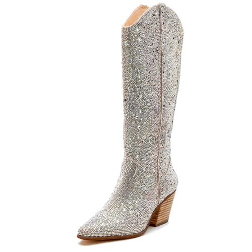 MUCCCUTE Women's Rhinestone Western Knee-High Boots Cowgirl Point-Toe Block Heel Wedding Party Boots for Ladies Size 7