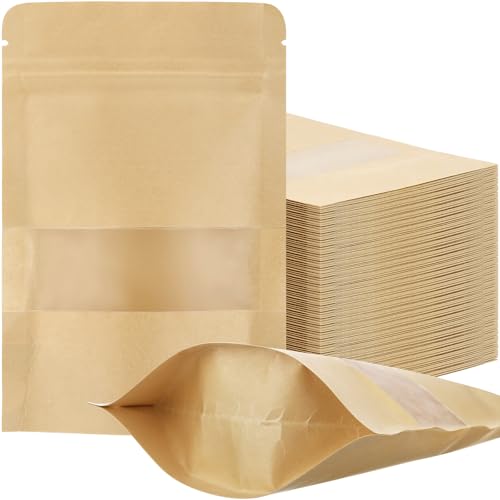 Geosar 300 pcs Kraft Bags with Window 6 x 9 Inch Kraft Stand Pouches Bulk Zipper Paper Pouches Food Storage Reusable Heat Sealable Bags for Packaging Home Office Business