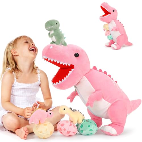 MorisMos Dinosaur Stuffed Animal with Babies,23.6'' Big Mommy Stuffed Dino T-rex with 3 Baby Dino Stuffed Toys & 3 Eggs Plush Inside Belly, Boy Girl Dinosaur Toys for Kids 3-5, Pink T-rex Toys Gift