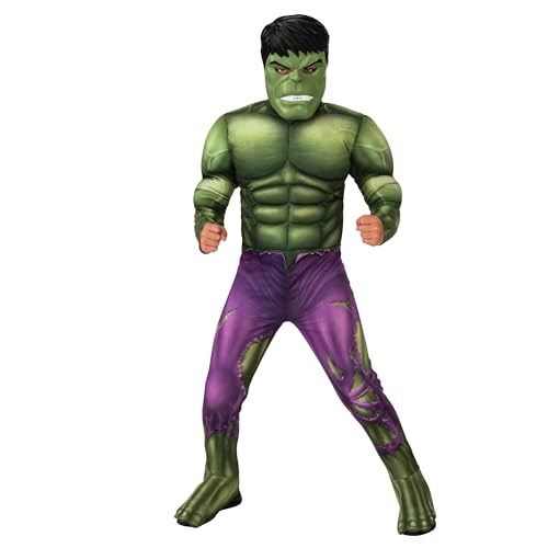Rubies Official Marvel Hulk Costume for Kids 7-8 Years Old, Jumpsuit with Padded Chest, Boot Covers and Mask, for Carnival, Christmas, Birthday, Parties and Halloween