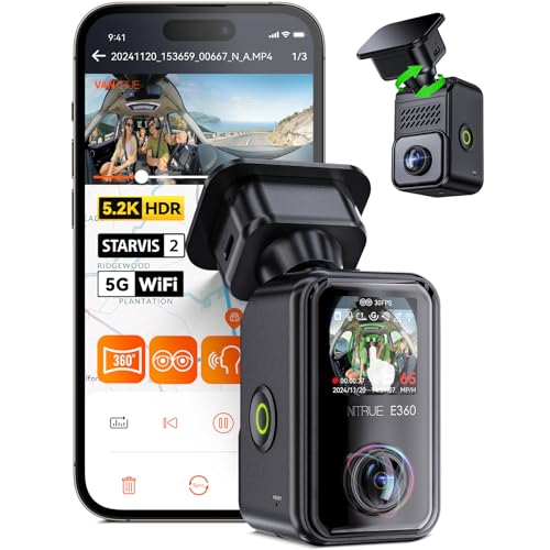 Vantrue E360 5.2K 360° Panoramic Dash Cam, 5GHz WiFi&GPS, Dual STARVIS 2, HDR,8 IR Night Vision, Front and Inside Dash Camera, Voice Control, Touchscreen, 24/7 Buffered Parking Mode, Support 512GB Max