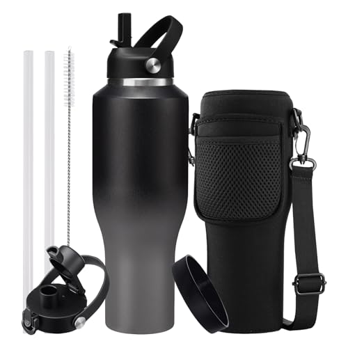 40oz Insulated Water Bottle with Straw - Auto Spout Lid, Protective Boot, Carrier Pouch, Vacuum Stainless Steel Water Bottles Leak-proof, Skinny Thermo Mug Flask Fit in Car Bike Cup Holder