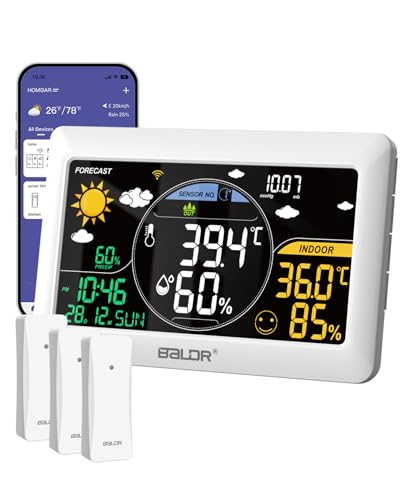 BALDR WiFi Weather Station with APP,7.5 inch Large Color Display Wireless Weather Station with 3 Wireless Sensors, Weather Station Wireless Indoor Outdoor with Real Time Internet Forecast(White)