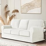 Huierxun 7 Pieces Velvet Stretch Sofa Covers for 3 Cushion Couch Covers Luxury 3 Seater Couch Slipcover with 3 Backrest Covers and 3 Cushion Covers with Elastic Band (Cream, Large)