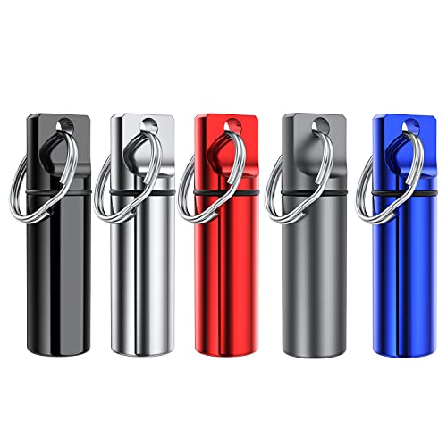 Small Portable Pill Box Keychain (5 Pack), Aluminium Alloy Mini Pill Organizer Case Container for Purse,Waterproof Metal Pill Holder Medicine Bottle for Outdoor Camping Travel