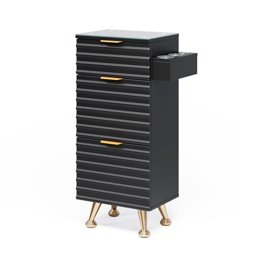 Salon Stations for Hair Stylist, Barber Station with Glass Top & Drawers & Hot Tool Holder, Salon Storage Cabinet Hair Organizer Equipment for Beauty Spa Dresser, Black