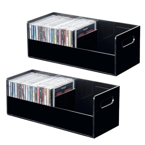 MyGift Modern Premium Black Acrylic Stackable CD Holder Racks with Cutout Carrying Handles, Compact Disc Jewel Case Display Crates, Media Storage Organizers, Set of 2