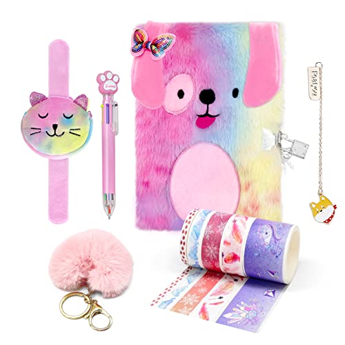 homicozy Dog Diary for Girls with Lock and Keys,Tie-dye Fuzzy Journal for Kids with 160 Lined Pages,Fluffy Secret Notebooks for Writing and Drawing,Birthday Gifts for Girls Ages 6 and Up,Puppy