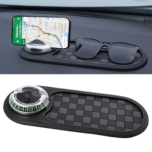 Multifunction Car Anti-Slip Mat Auto Phone Holder,Rotatable Anti Skid Car Dashboard Mat with Temporary Parking Numbe and Large Pad for Phones Sunglasses Keys Gadgets(Gray-Silver)