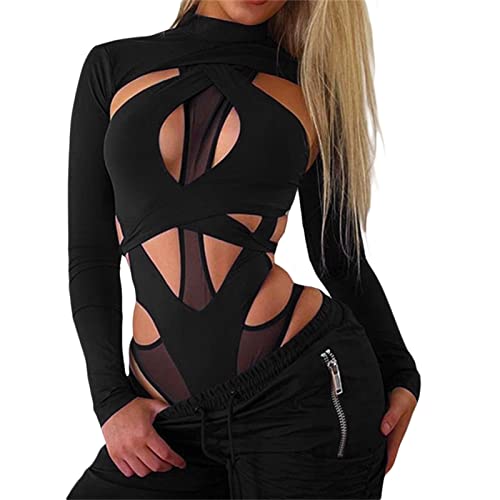 Women Slim One Piece Jumpsuit Long Sleeve Mock Neck Sheer Mesh Leotard Top Cut Out Bodysuit for Rave Party Club (Black, M)
