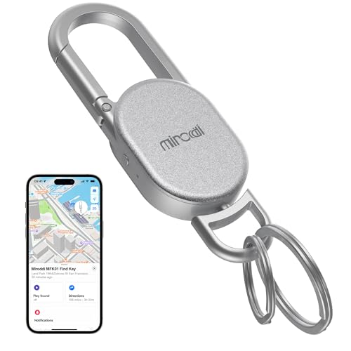 Miroddi Keychain with Tracker, Men's Key Chain Works with Find My App (iOS Only), Heavy Duty Car Keychain Carabiner with GPS Tracker, Anti-Lost Key Fob Carabiner, Keys Finder, Rechargeable, Silver