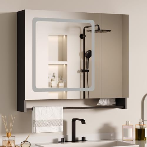 ChooChoo Lighted Bathroom Medicine Cabinet with Mirror, Wall-Mounted Bathroom Wall Cabinet with Mirror Doors, LED Lights, Adjustable Shelves, Towel Bar, Black