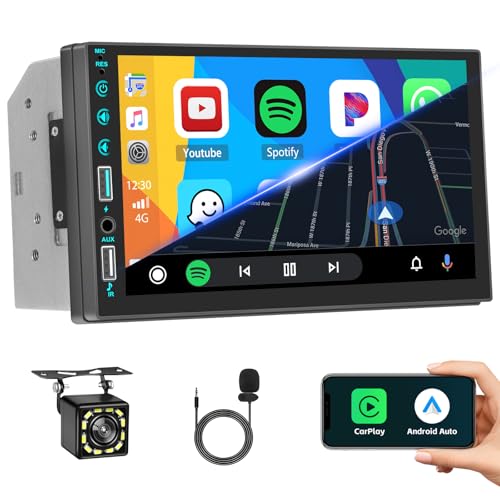 Inefala 7 Inch Double Din Car Stereo with Wireless CarPlay Android Auto, HD Touchscreen with Online Video FM Radio Bluetooth EQ SWC USB/AUX Port Backup Camera MIC