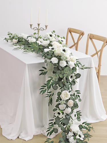 MISSPIN 8FT Eucalyptus and Willow Leaf Garland with Artificial Flowers Fake Flower Peony Rose Vine Greenery Decorative Wall Hanging Plant for Spring Wedding Arch Backdrop Door Arrangement Party Decor