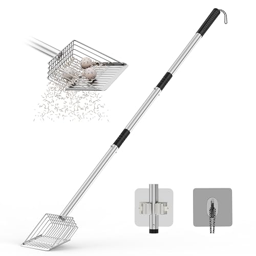 Aoktech Large Metal Chicken Poop Scooper with Deep Shovel, Long Chicken Coop Litter Scoop with Extendable Stainless Steel Handle, 4 in 1 Multifunctional Heavy Duty Litter Sifting Shovel(20 to 43")