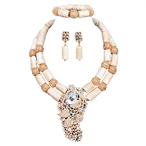 Nigerian Coral Bead African Wedding Jewelry Set Double Layers Original Coral Bridal Necklace Set (White)