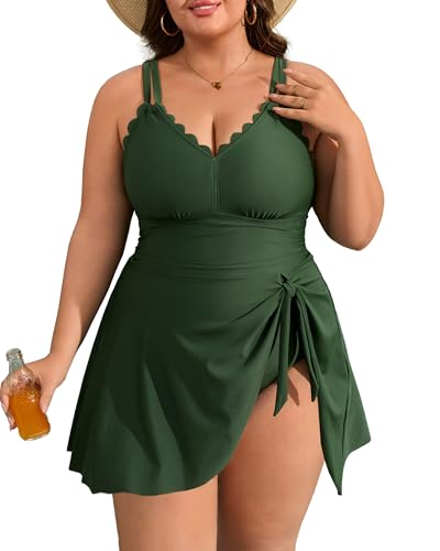 Charmo Plus Size Bathing Suit for Women One Piece Swimdress Tummy Control Ruched Swimsuits Scalloped V Neck Swimwear Green 3X