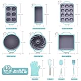 COOKSTYLE 10 in 1 Nonstick Silicone Bakeware Sets, Baking Pans Set, Baking Pan, Bundt Cake Pan, Bread Loaf Pan with Steel ring, Muffin Cups with Silicone Spatulas Pastry Brush Oven Mitts Whisk (Blue)