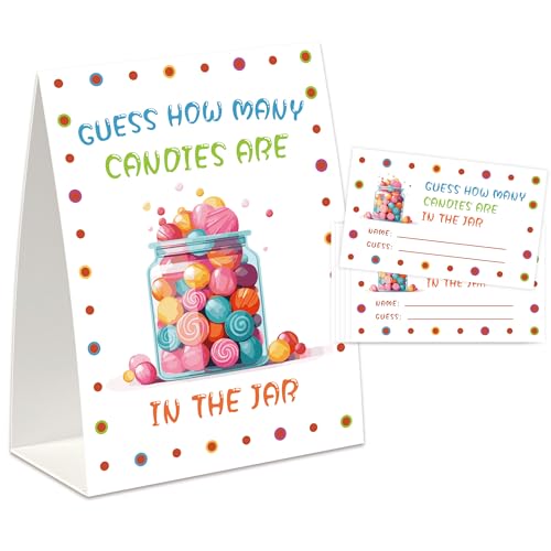 UHADRE How Many Candies Game(One Sign with 50 Cards),Baby Shower Games, Birthday Party Games, How Many Cards, How Many Sweets are in The Jar, Candy Guessing Game Set-GCD04