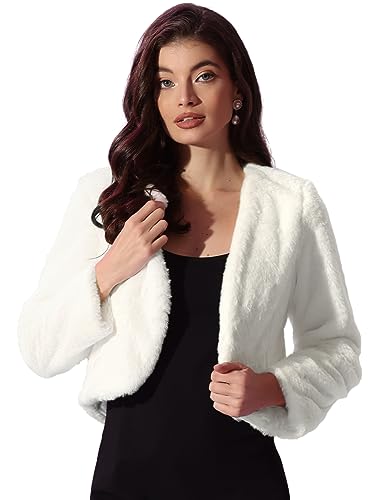 Allegra K Cropped Jacket for Women's Faux Fur with Pockets Long Sleeve Open Front Wedding Bolero Gowns Coat Large White