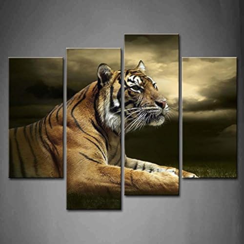 4 Panel Wall Art Tiger Looking and Sitting Under Dramatic Sky with Clouds Painting Pictures Print On Canvas Animal The Picture for Home Modern Decoration Piece Stretched by Wooden Frame,Ready to Hang