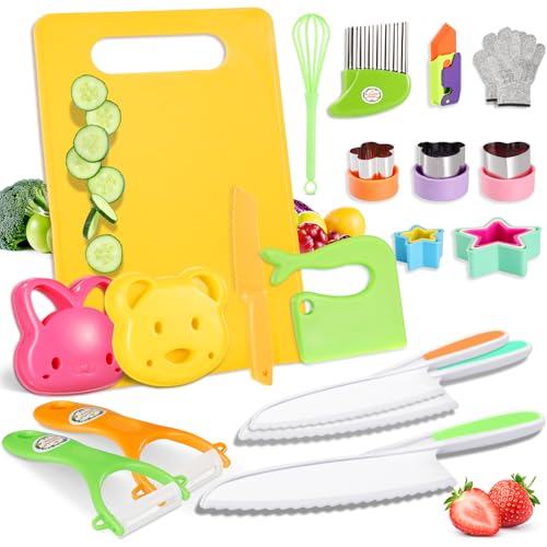 Ganiza 23 Pcs Kids Knife Set for Real Cooking, Montessori Toddlers Kitchen Tools with Gloves, Cutting Board, Crinkle & Sandwich Cutters,Y Peelers and Toddler Knives