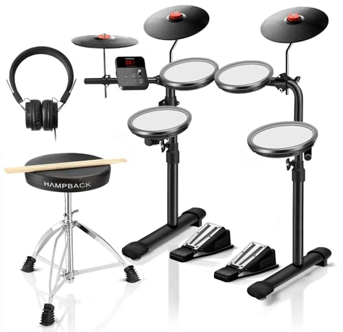 HAMPBACK MK-0 Electric Drum Set with 7'' Quite Mesh Drum Pads, 8'' Full Rubber Cymbals, 12 Kits and 68 Authentic Sounds, USB MIDI, Throne, Sticks, Headphone, 2 Switch Pedals for Beginners & Kids