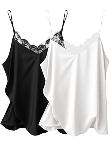 Ekouaer Women's 2 PCS Cami Silk Satin Lace Cami Tank Tops Fitted Camisole Top Black & White S