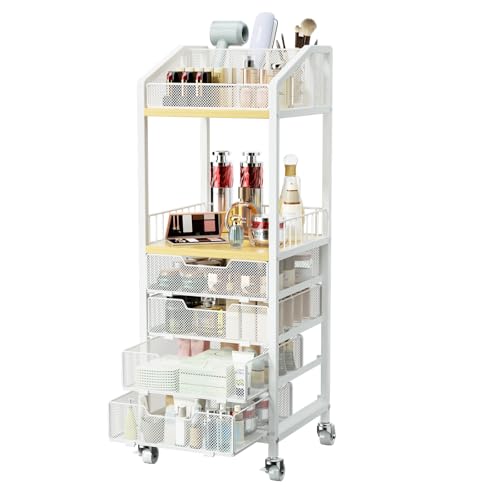 HapiRm Makeup Organizer Storage Cart - Floor Skincare Make Up Storage with 4 Drawers, Rolling Makeup Cart Vanity Organizer Cosmetics Display Cases Holder for Skin Care Perfume Nail Polish