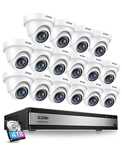 ZOSI H.265+ 1080p 16 Channel Security Camera System Indoor Outdoor, 16CH CCTV Surveillance DVR with AI Human Vehicle Detection and 16 x 1080p Dome Camera, 80ft Night Vision, 105° View Angle, 4TB HDD