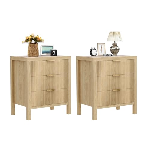 MJADUE Nightstands Set of 2, Bedside End Table, Modern Wooden Night Stand with 6-Drawer - Boho Cabinet Accent Storage Furniture for Bedroom, Living Room, Nature