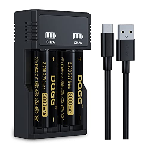 21700 Rechargeable Battery 3.7V Flat Top Lithium Battery 5000mAh for Flashlights Headlamps Cameras Toys etc (1 Charger Included, 2 Cells)