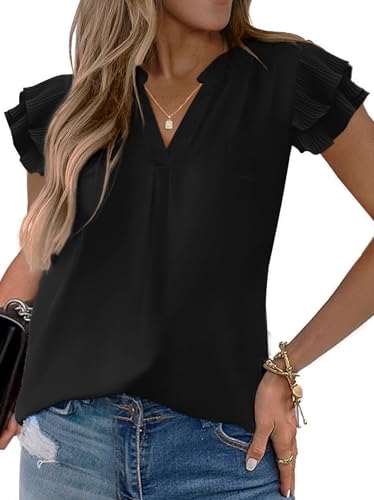 Sucolan Womens Summer Tops Notch V Neck Cute Ruffle Sleeve Blouses Business Dressy Casual Shirts for Women Black S