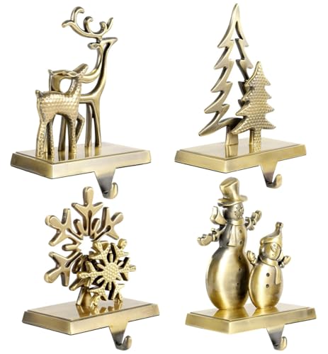 WENFOME Christmas Stocking Holders for Mantel, 4pc Holiday Stocking Hangers, Snowflake Snowman Reindeer Christmas Tree Stocking Hook Set, Alloy Weighted Non-Skid Stocking Hook for Xmas Fireplace Decor