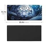 FCZ Large Gaming Mouse Pad 35.4''x15.7'' White Tiger Extended Non-Slip Soft Rubber Mousepad for Desktop Office Stitched Edges Waterproof Keyboard Mat for Desk Computer Laptop