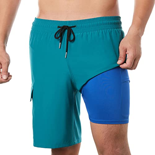 BRISIRA Mens Swim Trunks Bathing Suit 9 Inch Inseam Compression Liner Beach Long Board Shorts Swimsuit Anti-Chafe Quick Dry Blue