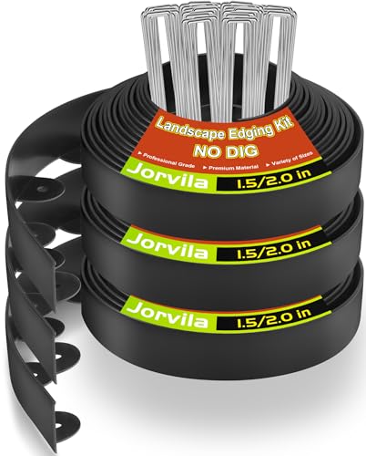 Jorvila Landscape Edging, 1.5" x 100' Plastic Garden Edging with 120 Pcs Metal Spikes, Flexible Garden Border for Lawn, Landscaping, Flower Beds