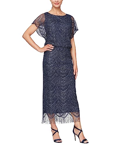 S.L. Fashions Women's Blouson Metallic Crochet Dress with Fringe Hemline, Navy and Silver, 14