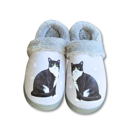 E&S Pets Black and White Cat Snugg Slippers for Pet Lovers - Fuzzy Memory Foam House Slippers - Plush Faux Fur Lining - Non-Slip Sole