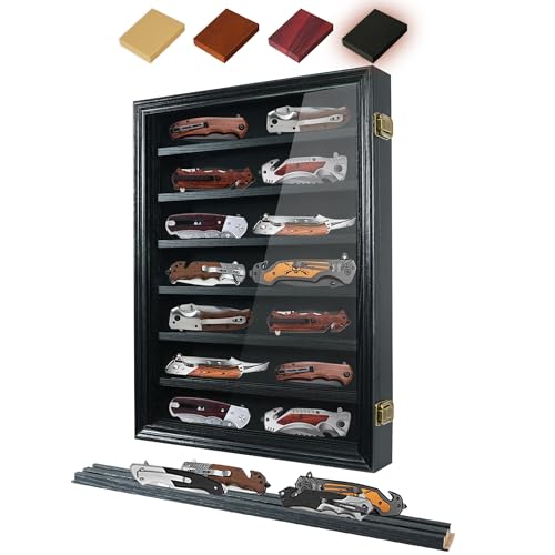 ASmileIndeep Pocket Knife Display Case 7 Rows Lockable Wooden Knife Shadow Box with HD Tempered Glass, Military Folding Knife Cabinet Stand for Wall with Removable Shelves, Black