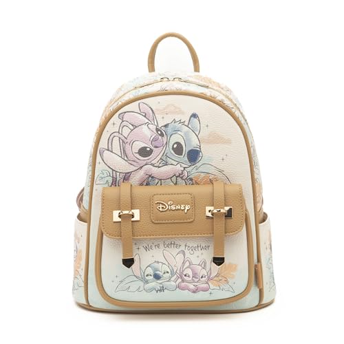Wondapop - Stitch and Angel Hug It Out 11"" Vegan Leather Fashion Mini Backpack, Brown
