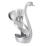 AnSaw Swan Base Holder Set with 20 Pcs Mini 4.7" Silver Leaf Teaspoons & Dessert Forks - Ideal for Appetizers,Salads,Cakes,Charcuterie Board,Fruits & Cocktails - Perfect Tea & Espresso Companion