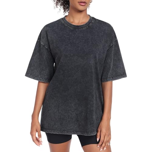 Womens Washed Vintage Oversized T-Shirt Casual Baggy Streetwear Boyfriend Tee Workout Short Sleeve Cotton Tops(W-Black,l)