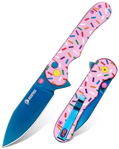NedFoss DONUT Pink Pocket Knife for Women Men, 2.9" Blade Small EDC Knife, 14C28N Steel Button Lock Knife, Unique Donut Design G10 Handle Folding Knives