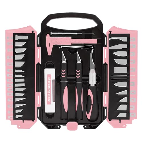 MANUFORE 34pcs Large Exacto Knife Set Pink Deluxe Craft Precision Knife Set Include 3pcs Craft Knives with Anti-Slip Rubber Grip, 25pcs Different Blades, 2pcs Needles, Sharpening Stone, Screwdriver
