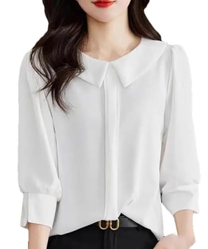 Women Summer Solid Color O-Neck Half Sleeve Loose Chiffon Pullover Blouse for Casual and Office Wear White