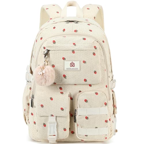 School Backpack for Teens Girls Women 15.6 Inch Laptop College Backpacks Corduroy Work Bag Kids Elementary Middle High Campus Bookbag Students Pack Travel Daypack Womens - Beige Strawberries