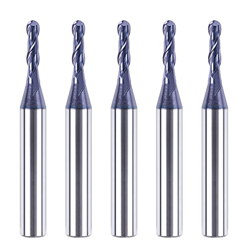 SpeTool 5PCS Ball Nose End Mill 1/8" Cutting Diameter 1/4" Shank 2 Flute HRC55 TiAIN Coated Carbide Upcut Router Bits CNC Milling Tool