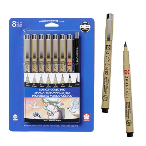 SAKURA Pigma Micron Manga Comic Pro Fineliner Pens - Archival Black Ink Pens - Assorted Point Sizes - 8 Pack
